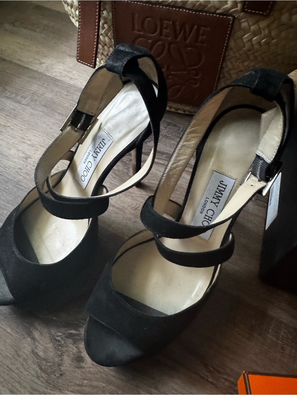 Jimmy Choo Black Suede Double-Strap Block Heel Pumps